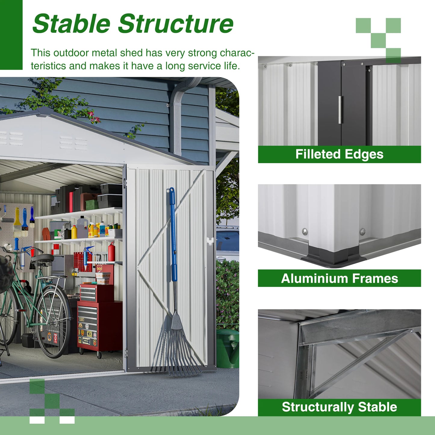 LZBEITEM 10X8 FT Outdoor Storage Shed, All Weather Metal Sheds with Lockable Doors, Tool Shed for Garden, Patio, Backyard, White