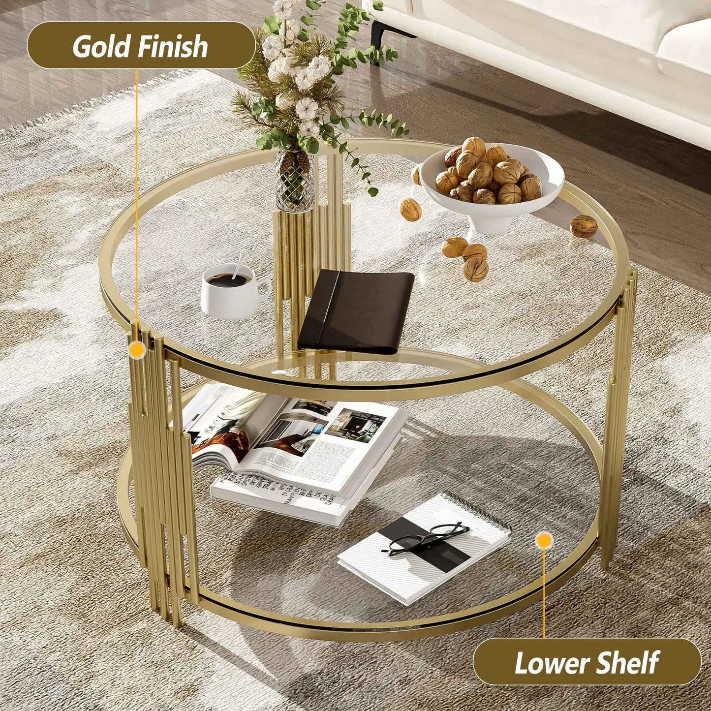 Modern Glass Coffee Table in 31.5", Asymmetrical Metal, Circular Metal Drum Base, Gold Finish & Lower Shelf,Café Tables