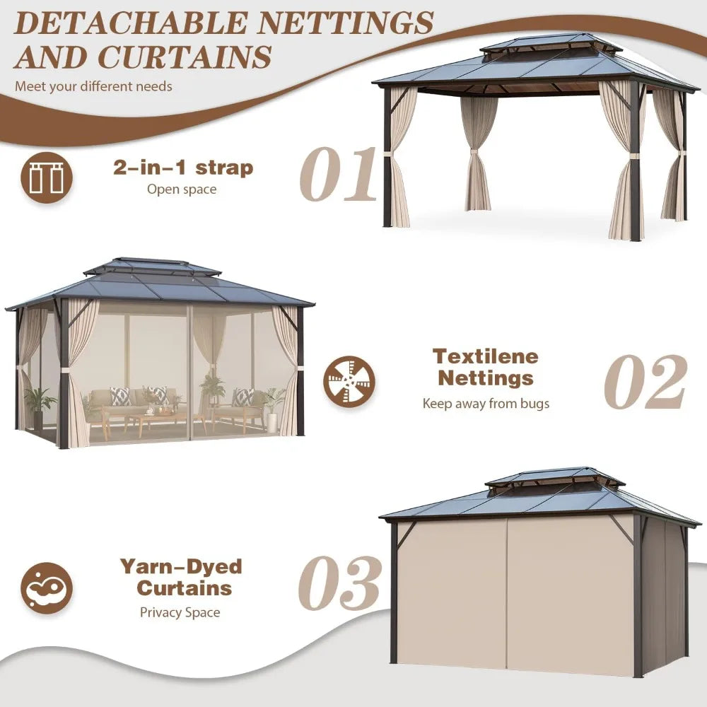 12'x16' Gazebo Polycarbonate Double Roof Pavilion Gazebo Outdoor Aluminum Frame Canopy with Netting and Curtains for Garden Pat
