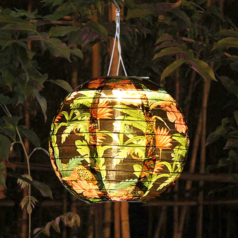 Chinese Round Hanging Lamp, Solar Printed Lantern, Waterproof Nylon LED Light, Outdoor Garden Party Decoration, 12"