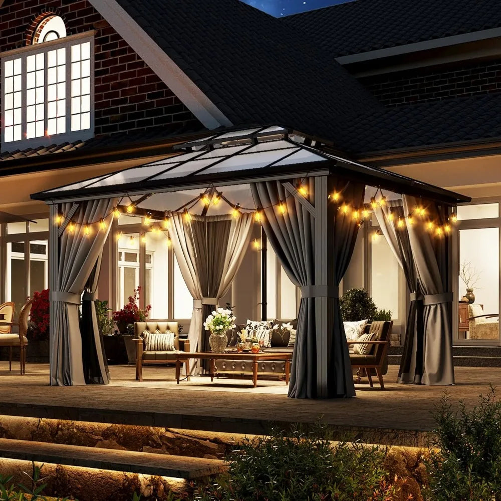 10'x12' Hardtop Gazebo, Aluminum Frame Permanent Pavilion with Curtains and Netting, Outdoor Polycarbonate Double Roof Canopy,
