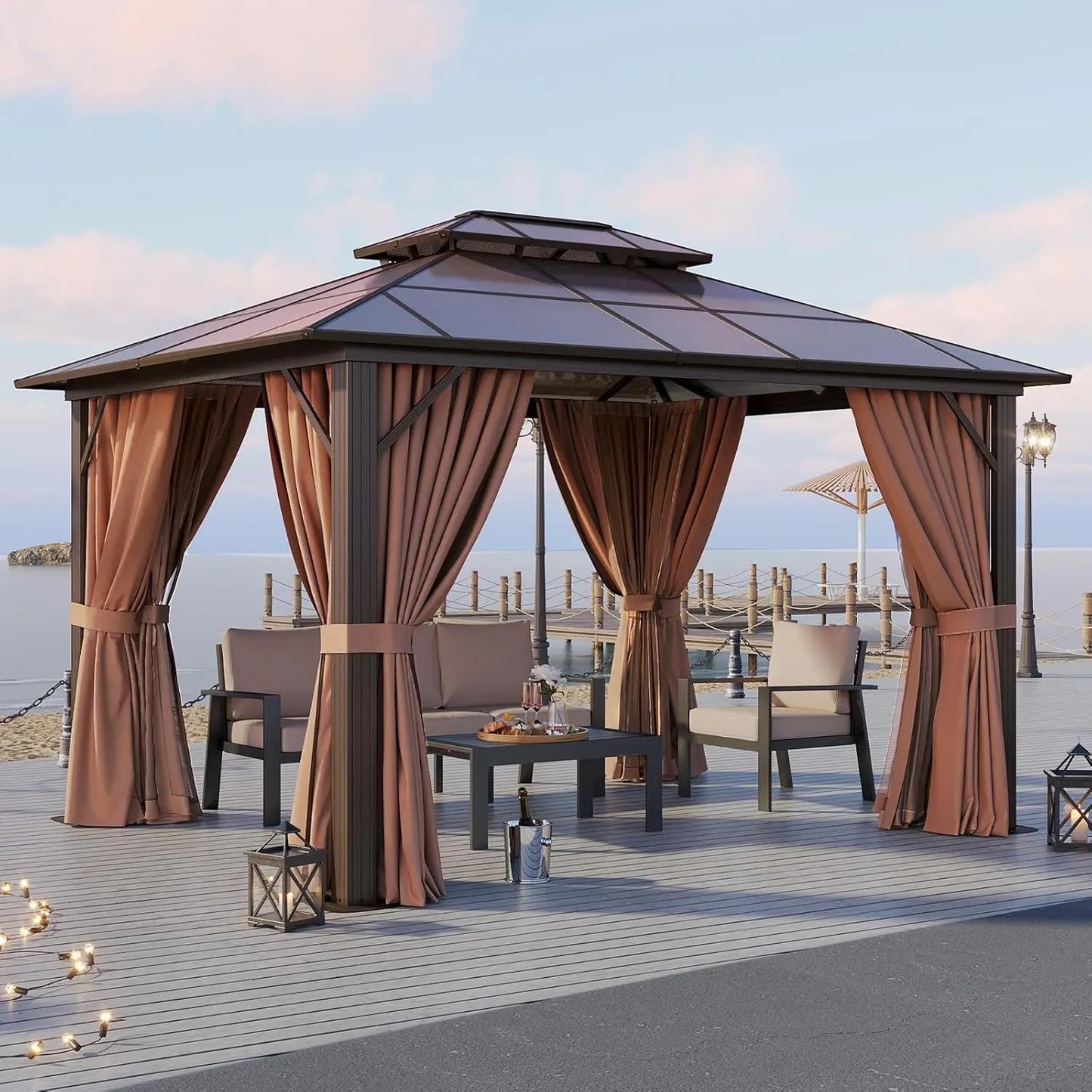 10'x12' Hardtop Gazebo, Aluminum-Framed Durable Pavilion with Curtains & Netting, Boasting A Dual-Layer Polycarbonate Roof