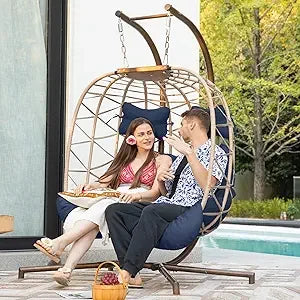 Double Egg Chair Outdoor Indoor, Oversized 2 Person Swing with Stand, All-Weather Wicker Hanging Loveseat, 700 LBS Heavy Duty P