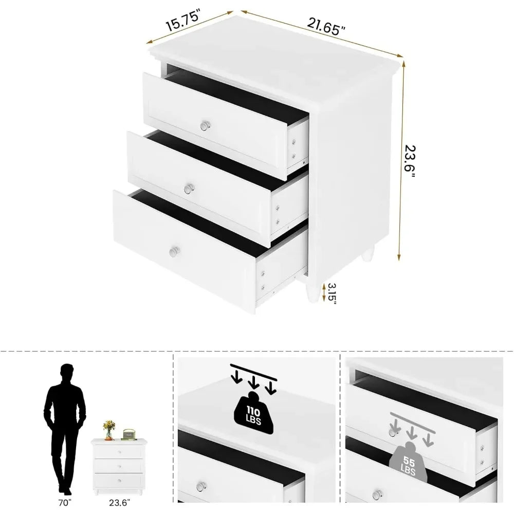 3 Drawers Nightstand, with Wood Legs,Modern White Drawers Dresser Bedside Nightstand,Ideal for Bedroom,Living Room