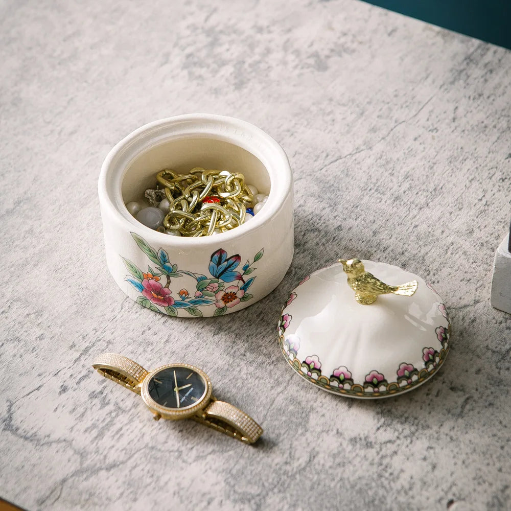 American retro ceramic bird jewelry jewelry storage box European ice cracked porcelain ornament