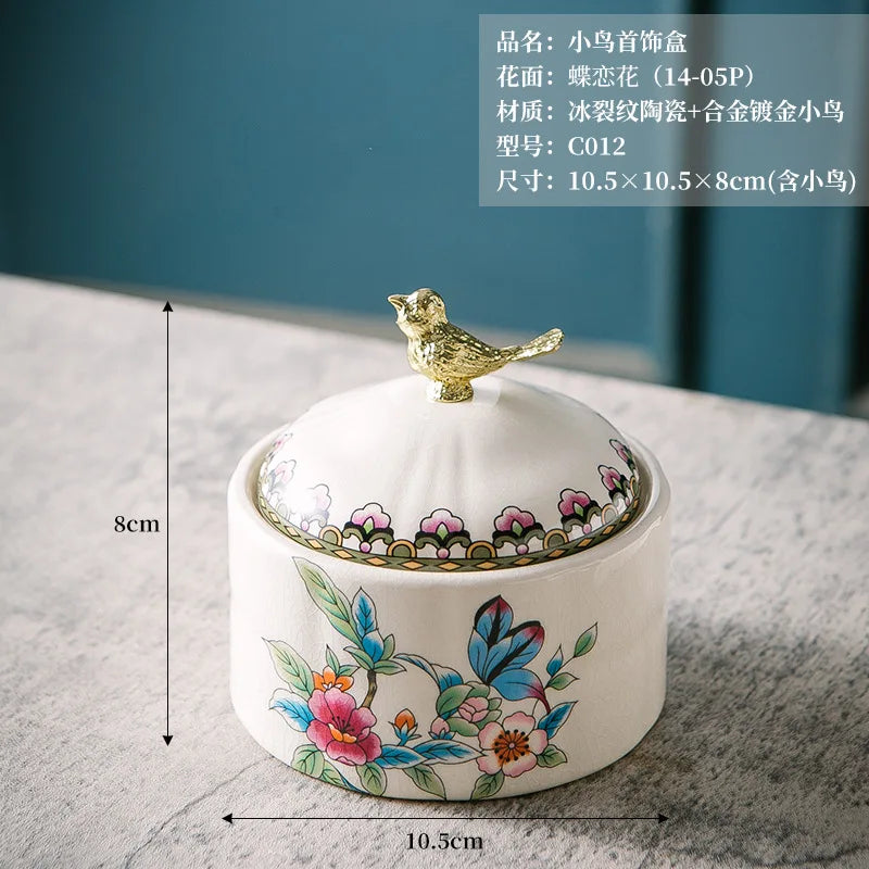 American retro ceramic bird jewelry jewelry storage box European ice cracked porcelain ornament