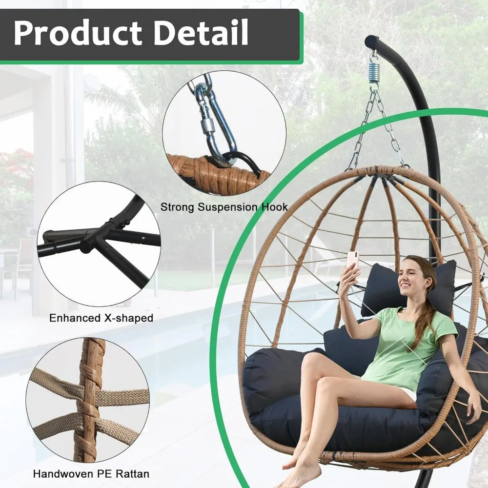 Egg Chair with Stand, Uv-Proof Pe Wicker Hanging Chair for Outdoor Patio, Cushioned Hammock Swing for Bedroom Garden Indoor/Outd
