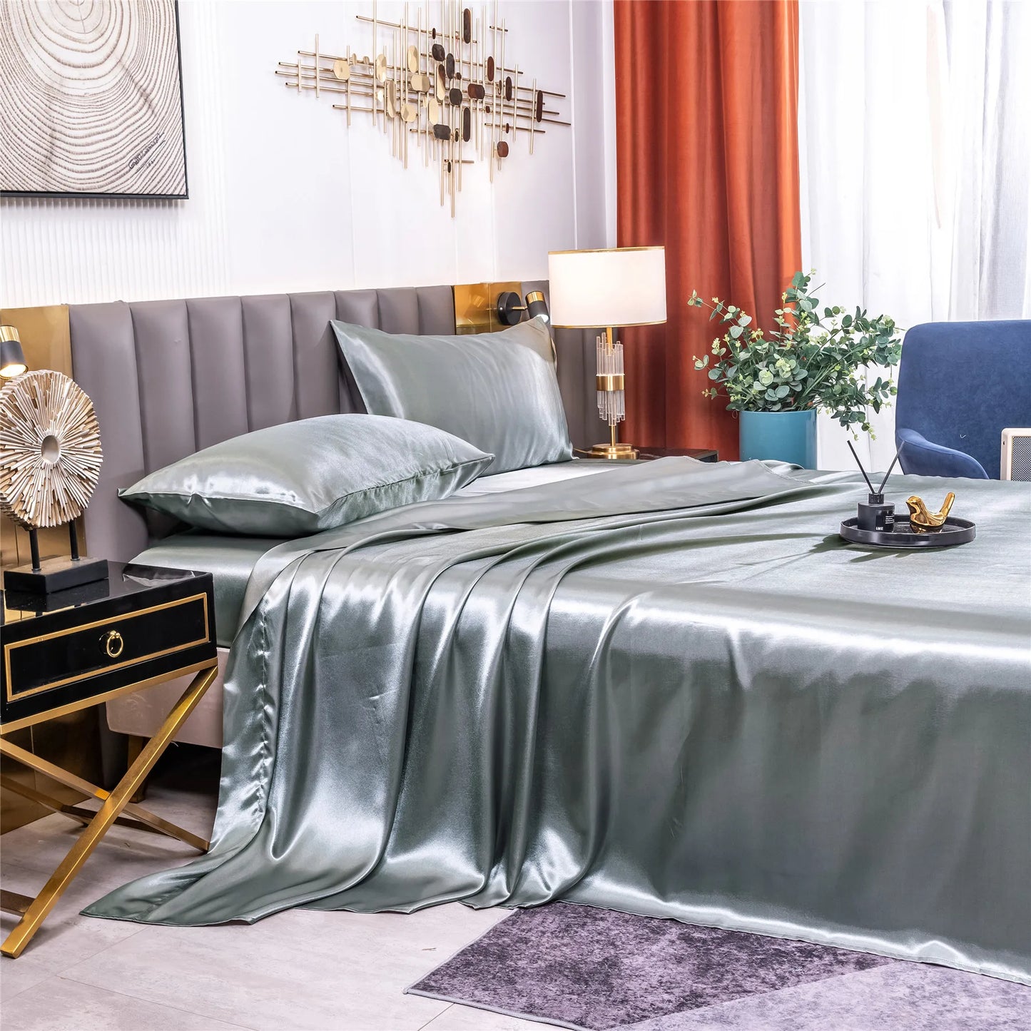 Home Living Luxury Smooth 3pcs Bedding Sets Solid Satin Pillow Case Flat Seet Fitted Sheet King Size Bedding Sets For Bedroom