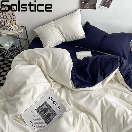 Solstice Home Textile Solid Color White Navy Blue Duvet Cover Pillow Cases Bed Sheet Girls Teenage Bed Linens Bedding Sets Queen