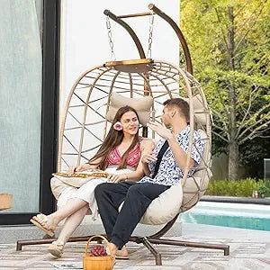 Double Egg Chair Outdoor Indoor, Oversized 2 Person Swing with Stand, All-Weather Wicker Hanging Loveseat, 700 LBS Heavy Duty P