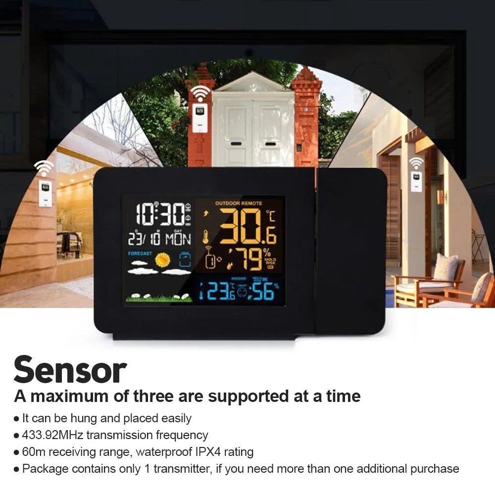 Smart Atomic Clock with Wireless Sensor - Auto Sync, Ceiling Projection, Temperature & Humidity Display for Home & Office