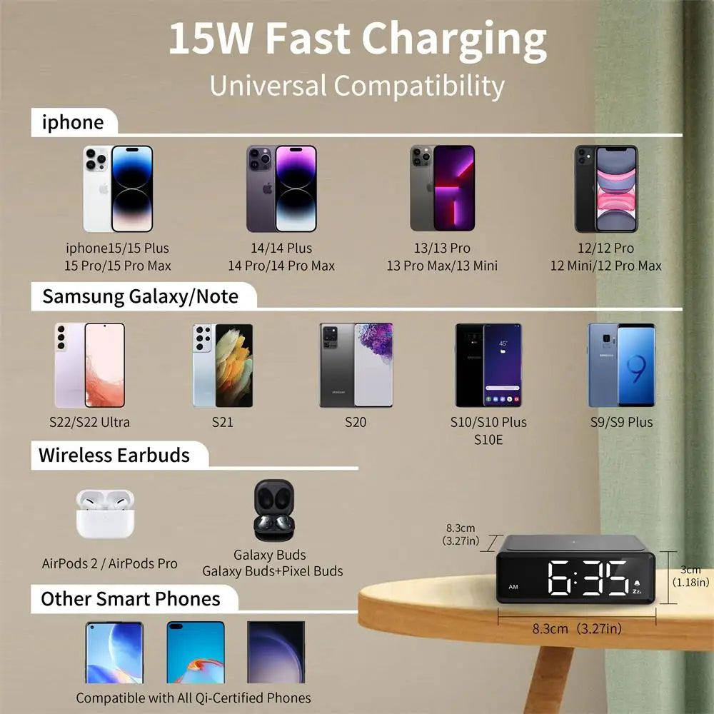 2025 Wireless Chargers Alarm Clock Fashion Bedroom Desktop Time Alarm Clock LED Digital Alarm Clock Phone Fast Charging Clock