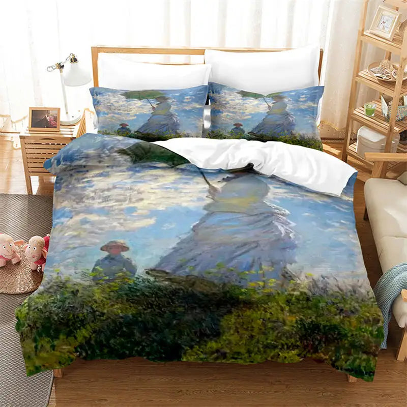 3D Artistic Bedding Set King Monet Van Gogh Style Sky Oil Painting Pattern Printed Duvet Cover With Pillowcases Hot Sale 2/3PCS