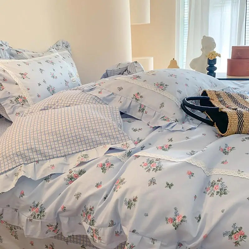 100% Cotton Spring Garden Flowers Botanical Chic Ruffles Soft Comfortable Double Queen (1Duvet Cover+1Bed Sheet+2Pillowcases)