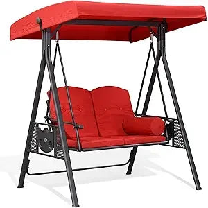 Outdoor Patio Porch Swing Adjustable Backrest, 3-seat Swing Chair with Weather Resistant Steel Frame for Backyard Front Porch L