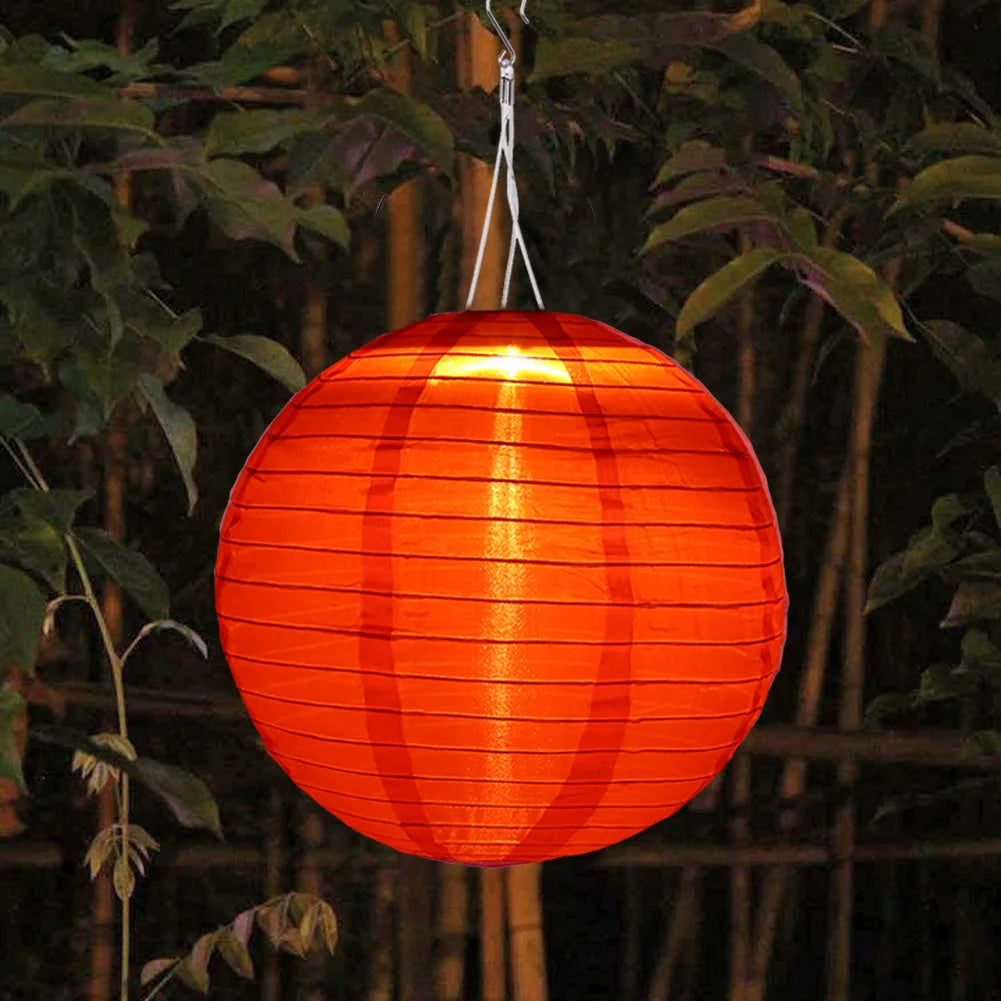 Chinese Round Hanging Lamp, Solar Printed Lantern, Waterproof Nylon LED Light, Outdoor Garden Party Decoration, 12"