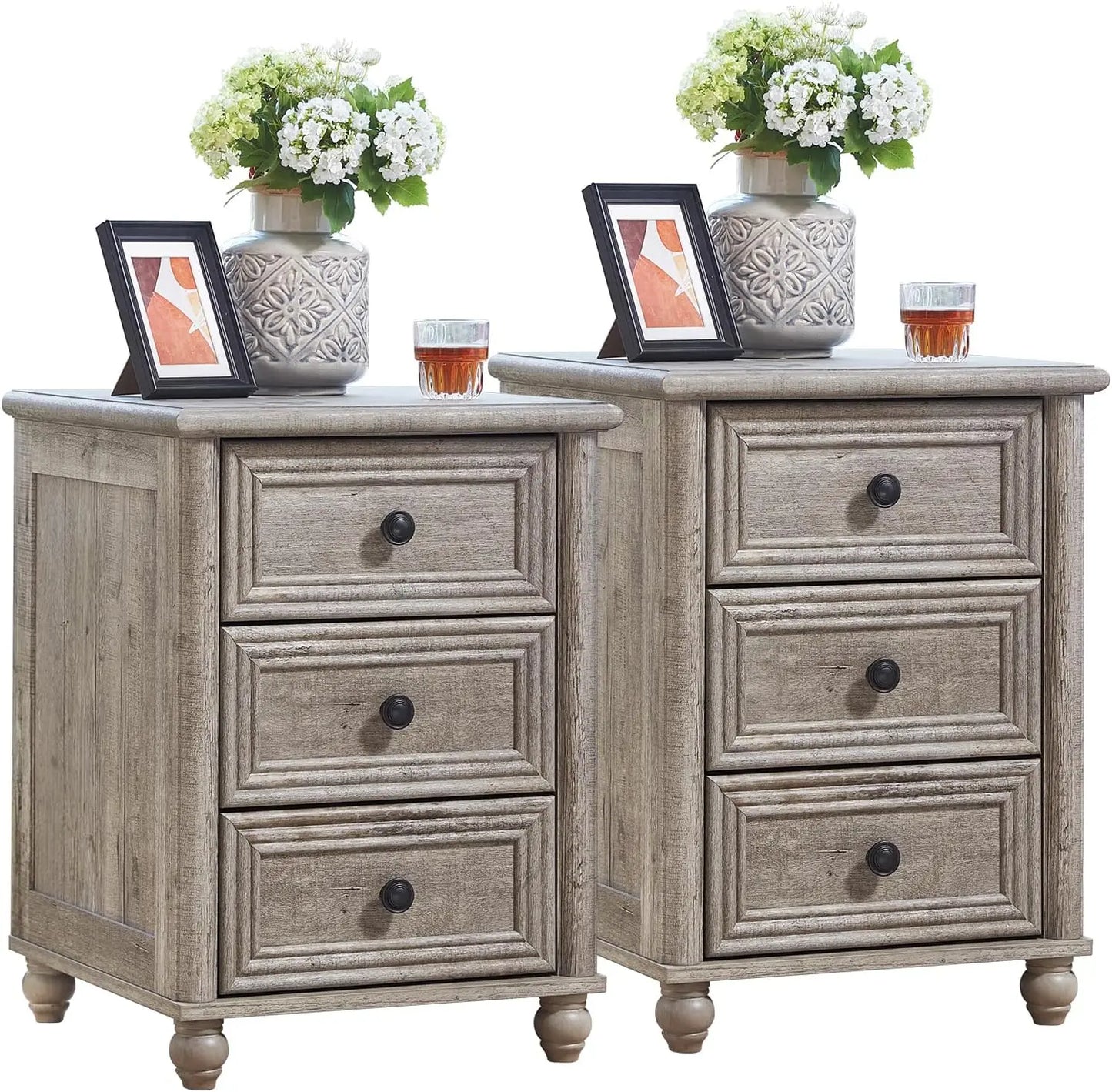 18" Farmhouse Night Stand Set of 2, Gray Wood Nightstand with 3 Drawers, Bedside End Table with Storage and Roman Column