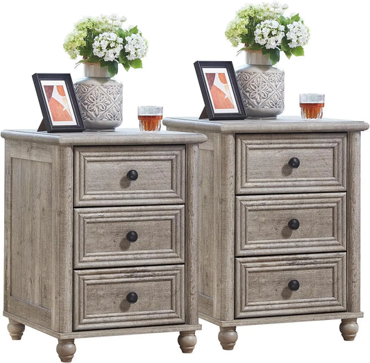 18" Farmhouse Night Stand Set of 2, Gray Wood Nightstand with 3 Drawers, Bedside End Table with Storage and Roman Column