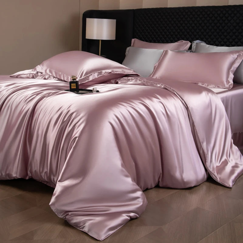 Silk Bed Sheets Set Luxury Bedding Set with Duvet Cover Fitted/Flat Bedheet Pillowcases Mixed with Rayon King Queen Full Twin