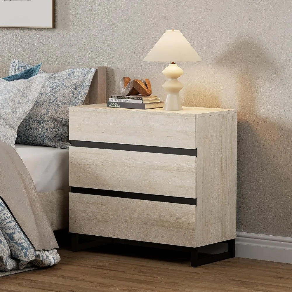 Nightstand with 3 Drawers for Bedroom, Modern Bedside Table with Square Iron Leg, Wood Rustic Side End Table