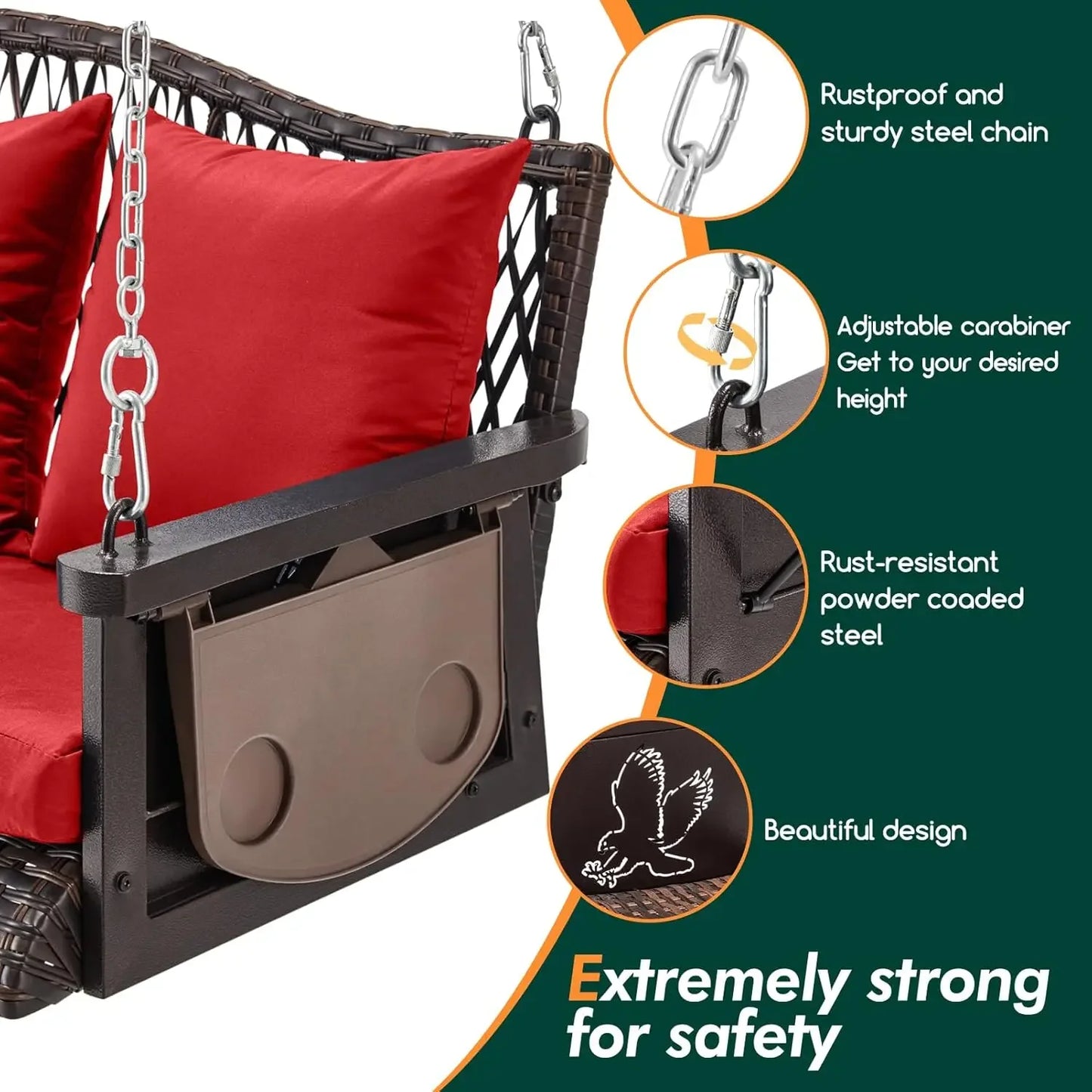 Upgraded Wicker Hanging Porch Swing Heavy Duty 900 LBS 3-Seat Outdoor Patio Swing Chair Bench for Adult w/ 8.9ft Hanging