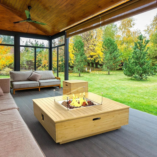 Outdoor Propane Fire Pit Table and Propane Tank Cover Table 43-Inch Square Wood Color Outdoor Fireplaces Includes Lava Rocks for