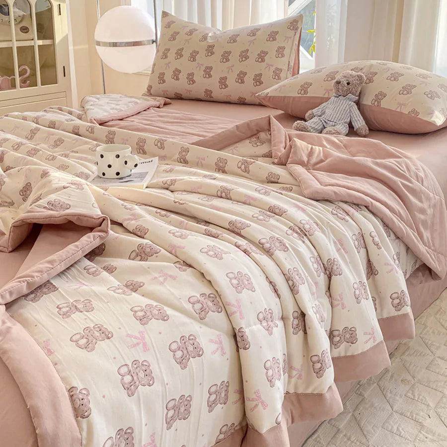 Knitted Cotton Double Gauze Summer Comforter Ultra-Soft Breathable Cooling Blanket Machine Washable Air Conditioner Comforter