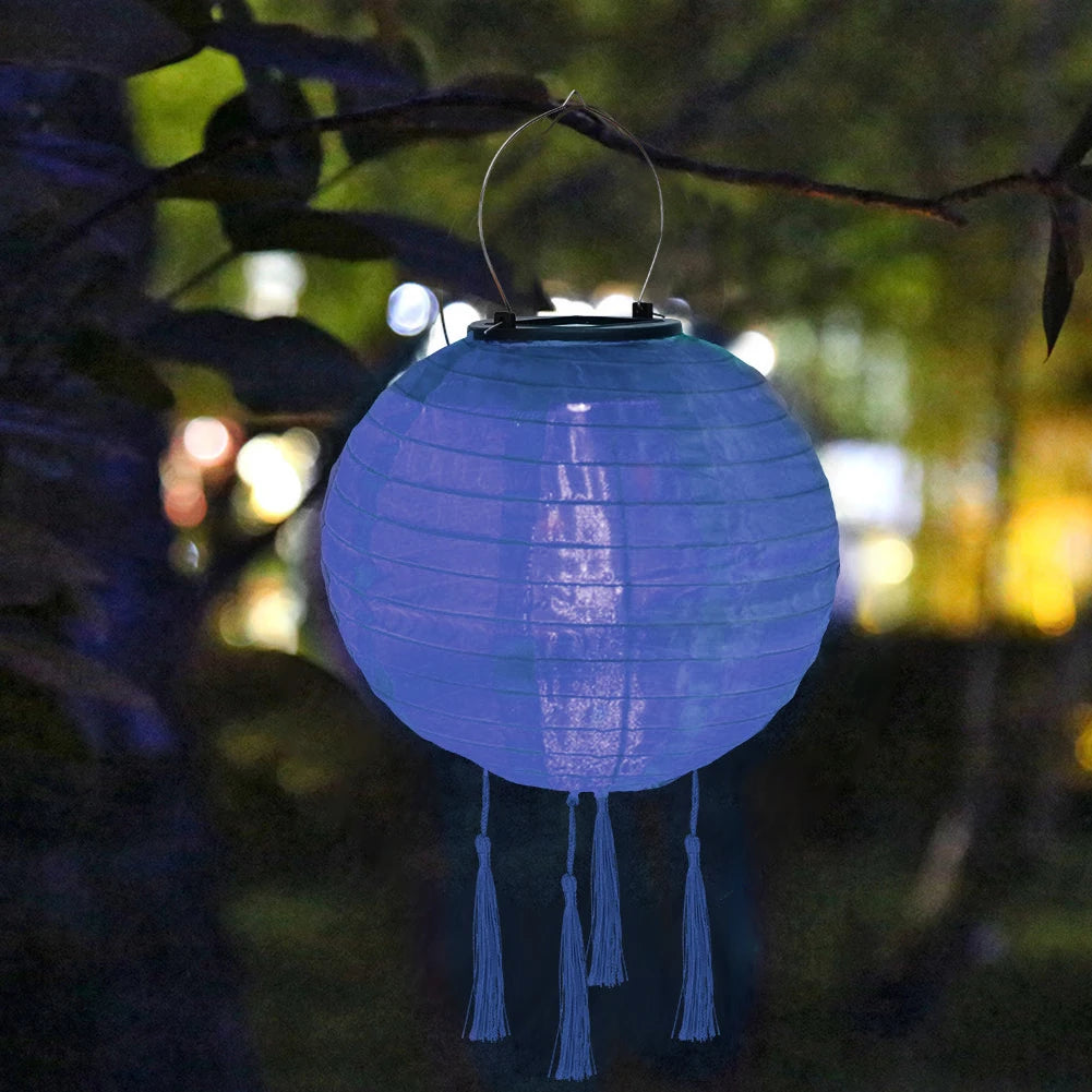 Chinese Round Hanging Lamp, Solar Printed Lantern, Waterproof Nylon LED Light, Outdoor Garden Party Decoration, 12"