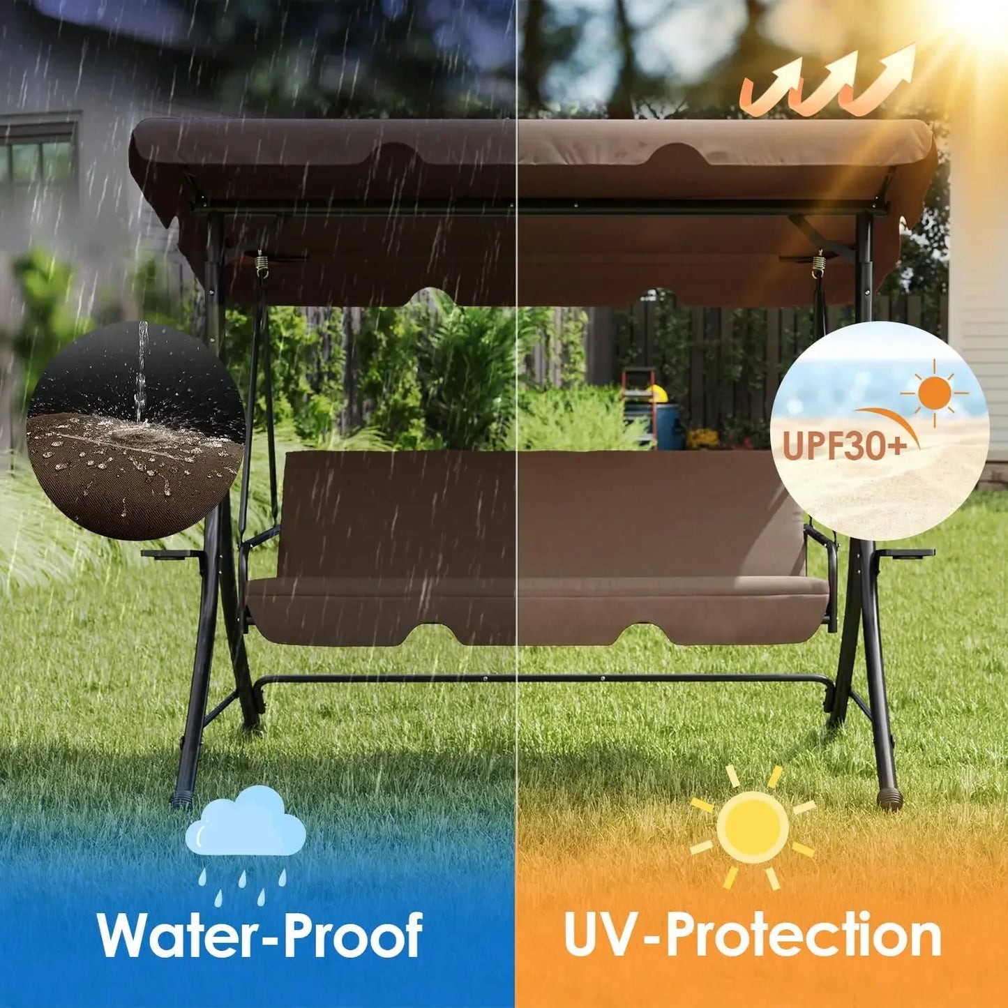 2-in-1 Outdoor Patio Swing 3-Seat Porch Swing with Adjustable Canopy and Removable Cushions, Perfect for Patio, Backyard,
