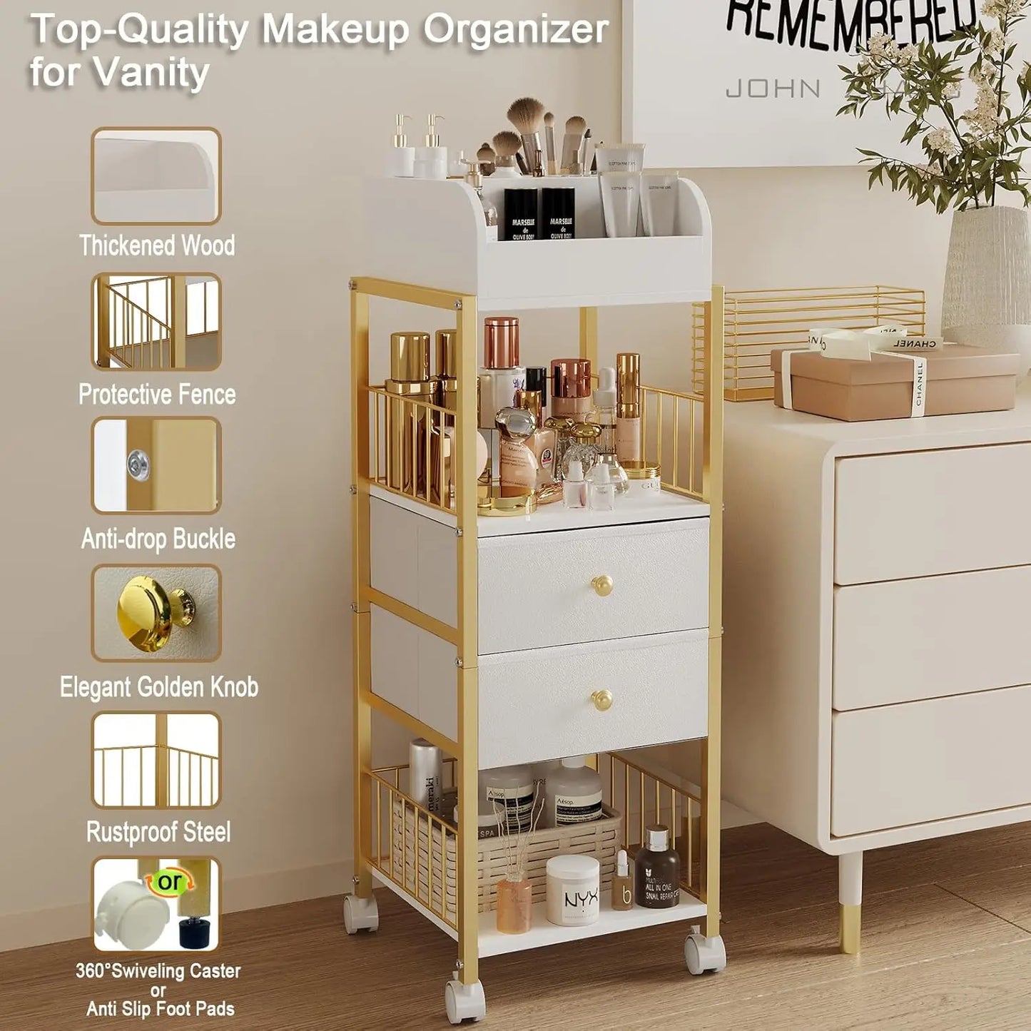 Makeup Organizer Storage Cart, Large Skincare organizers, Makeup Stand with Drawers, Makeup Vanity Organizer Cosmetics Display