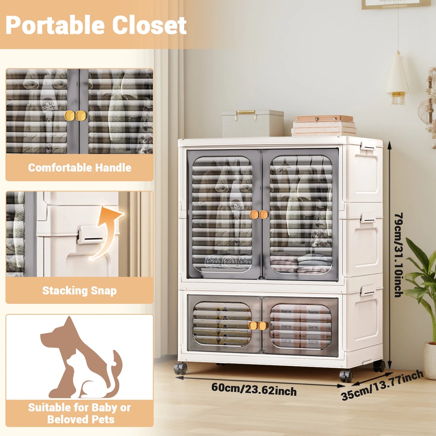 Foldable Multi-layer Plastic Storage Box with Wheels,Clothing Storage Cabinet,Folding Storage Cabinet Small Wardrobe Storage Box
