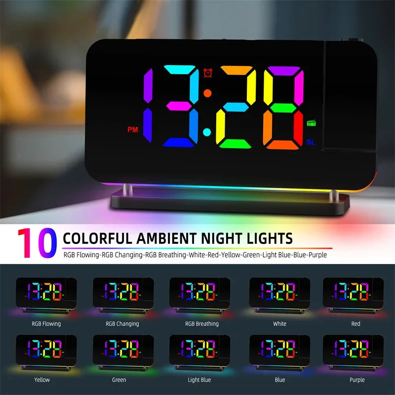 FM Radio 180° Projection Alarm Clock RGB With RGB Night Light 6 Levels Brightness Dual USB Output Port 12H/24H Digital LED Clock