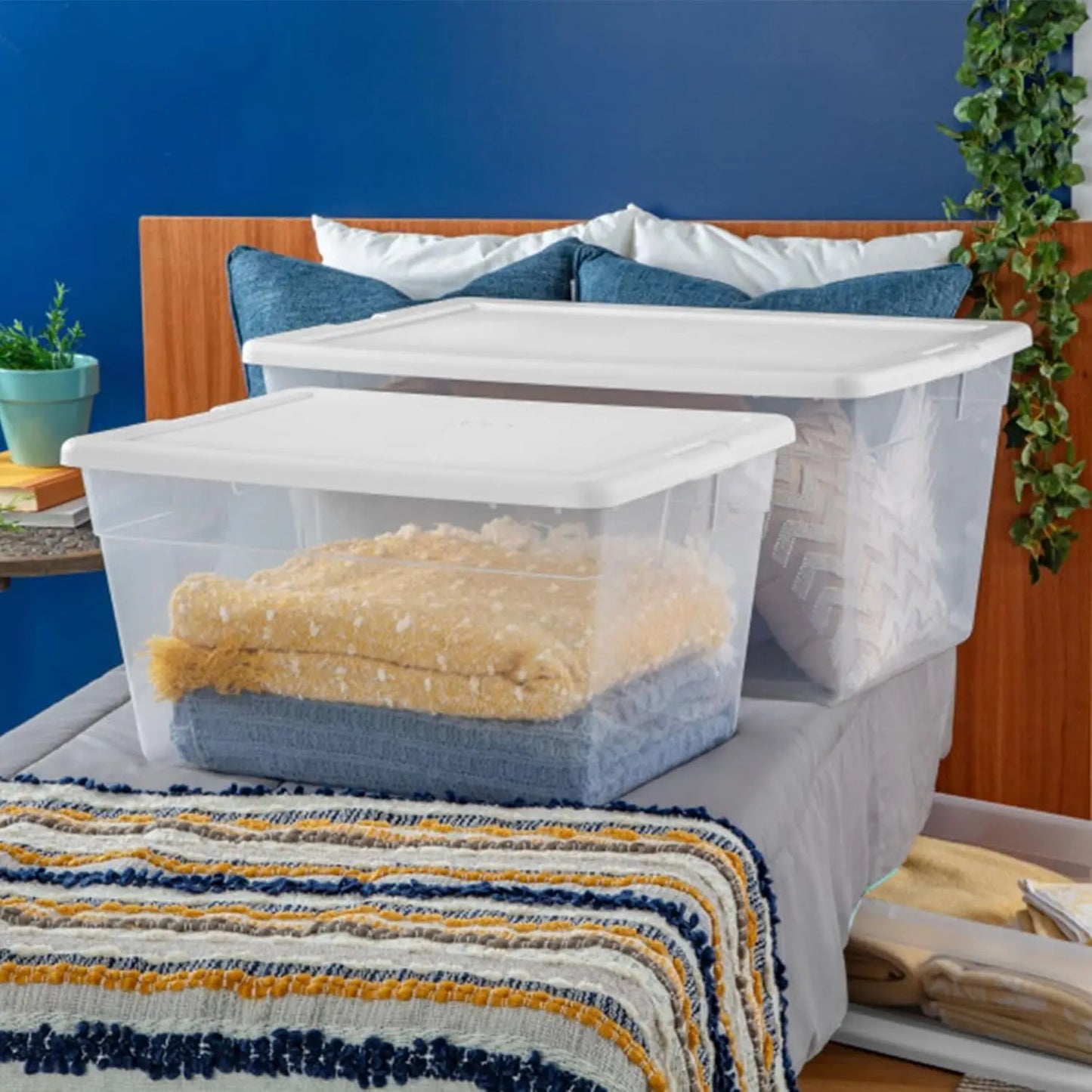 12-Pack 90 Quart Storage Box, Stackable Clear Plastic Bins - Heavy-Duty Organizing Containers for Closet, Bathroom, and Office