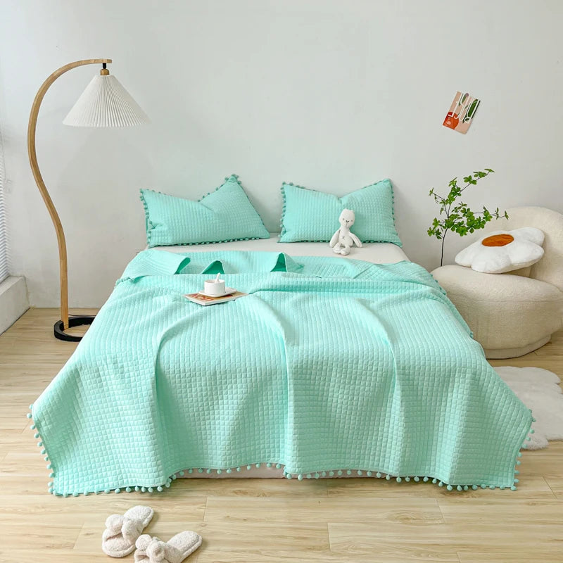 INS Style White Ball Edge Quilted Quilt Blanket Bedspread Washed Solid Color Korean Princess Style Summer Thin Quilt 1/3Pc