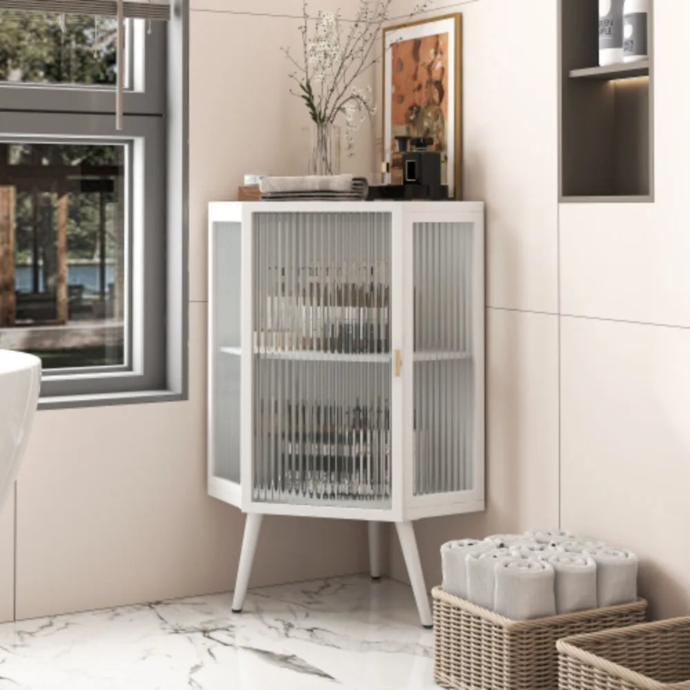 22.25 " Floor Coner Cabinet with Tempered Glass Door & Storage Shelves for Bathroom, Living Room, Bedroom (White)