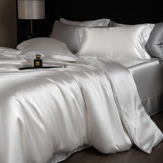 Silk Bed Sheets Set Luxury Bedding Set with Duvet Cover Fitted/Flat Bedheet Pillowcases Mixed with Rayon King Queen Full Twin