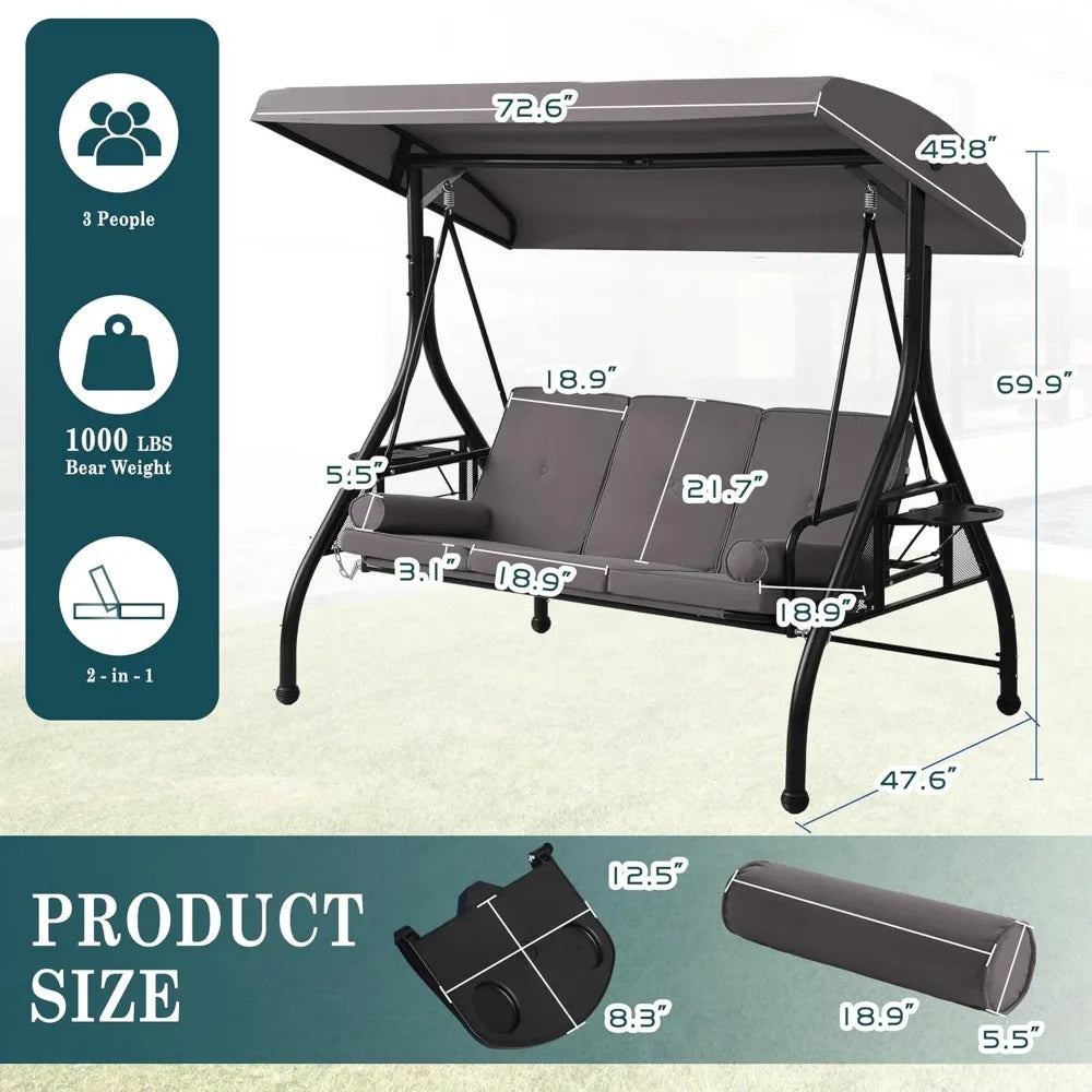 3-Seat Outdoor Patio Swings with Canopy Adjustable Porch Swing with Stand, Upgrade Pillows Cushions and Foldable Side Tray for