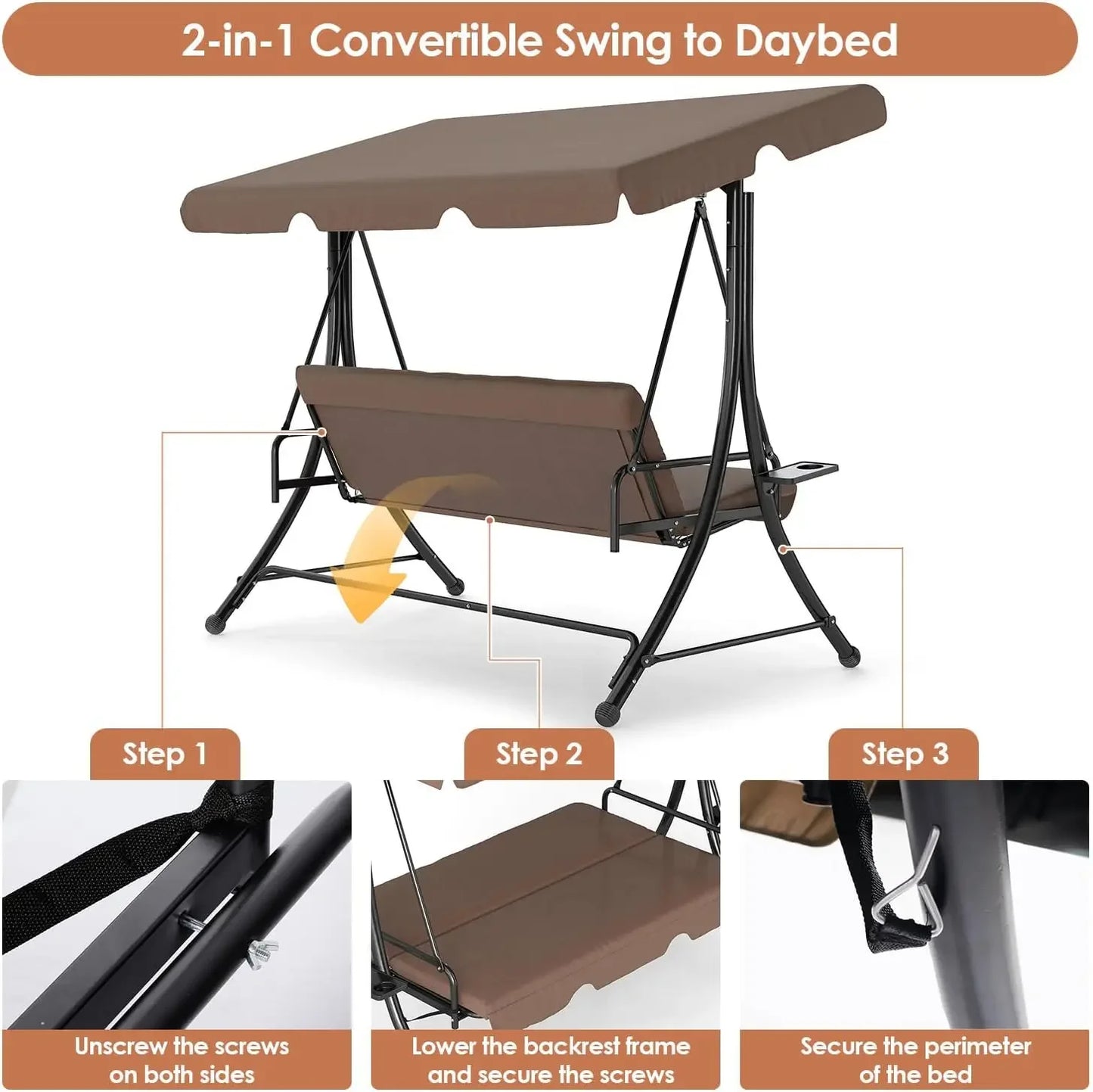 2-in-1 Outdoor Patio Swing 3-Seat Porch Swing with Adjustable Canopy and Removable Cushions, Perfect for Patio, Backyard,