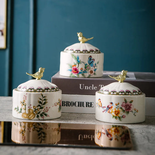 American retro ceramic bird jewelry jewelry storage box European ice cracked porcelain ornament