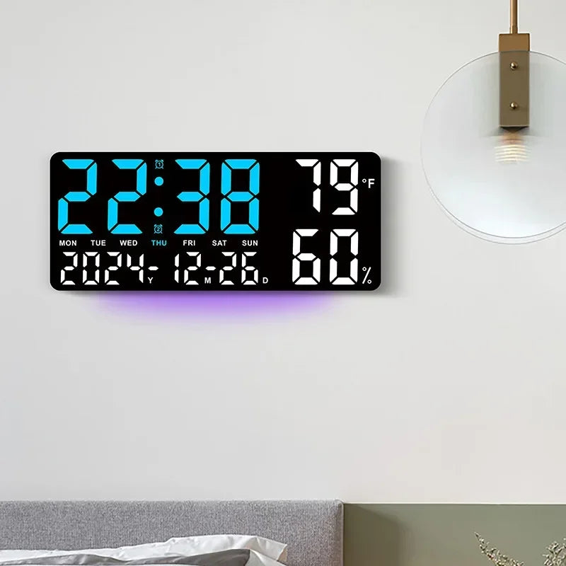 Large digital LED mood light wall clock with remote control temperature and humidity display alarm multi-functional alarm clock