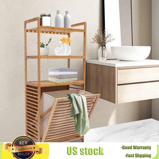 Bymaocar Four-Layer Freestanding Bamboo Laundry Hamper,Bathroom Storage Shelf Cabinet Organizer W/ Tilt Out Dirty Clothes Basket