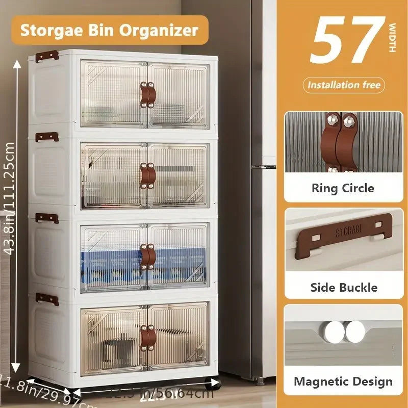 Multi-layer Foldable Double Door Plastic Storage Cabinet with Wheels - Large Capacity Organizer for Bedroom Living Room Kitchen