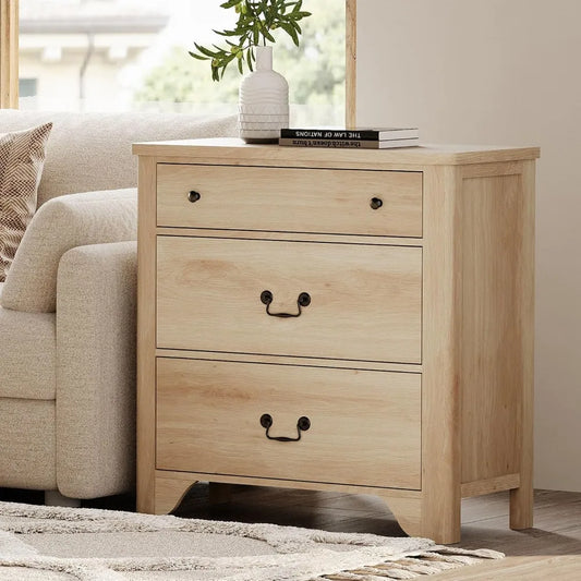 3 Drawer Dresser, 31.5 Inch Wood Nightstand with Storage, Modern Oak Dresser Wood Chest of Drawers with Curved Profile