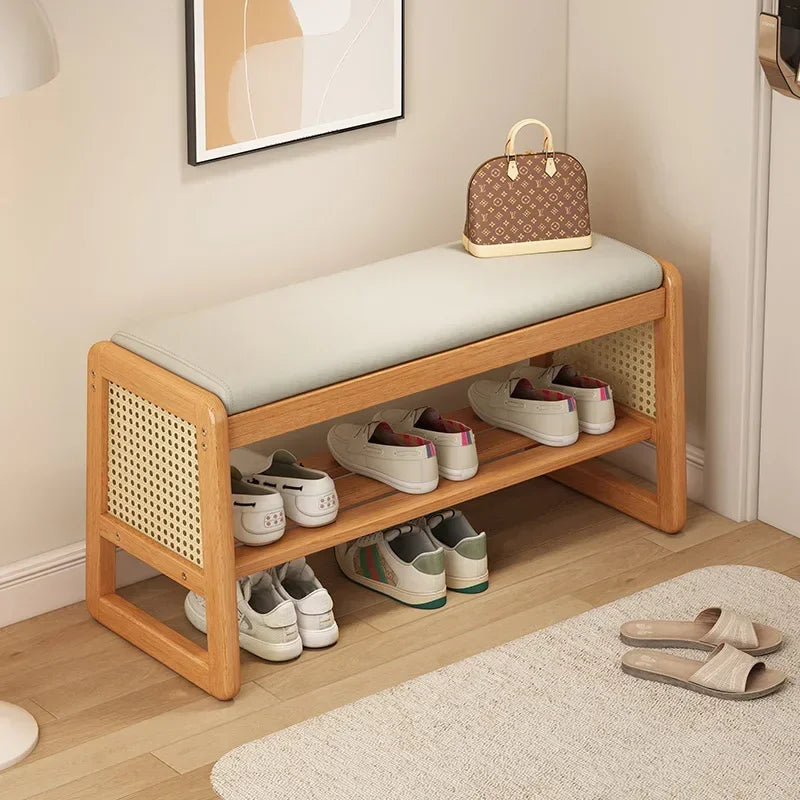Teng woven shoe changing stool, entrance door, home door, multi-layer storage, solid wood, can sit on shoe stool