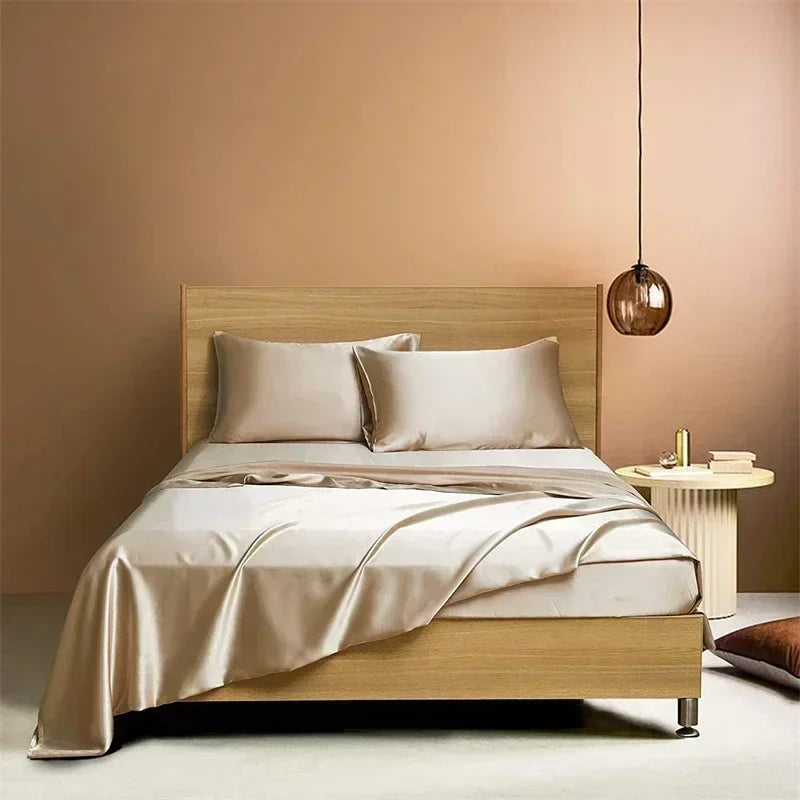 High End Satin Fabric Queen Size Bed Sheet Set Luxury Grade A Bed Linen Set Solid Silky King Size Bed Cover Set Bedsheet Sets