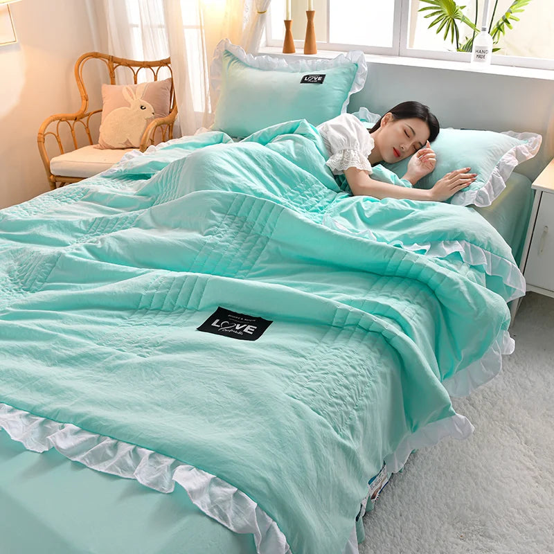 1/3Pc Korean Princess Ruffles Flowers Embroidery Summer Quilt Bedspread on The Bed Quilt Air-conditioning Blanket Bedding Set