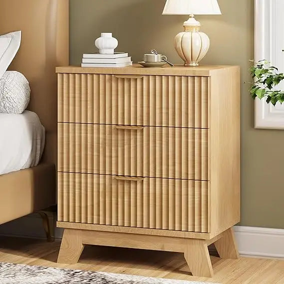 Fluted Nightstand, 24" Wide Side Table with 3 Large Storage Drawers, Mid Century Modern Wood Night Stand with Metal Handle, Wood
