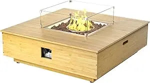 Outdoor Propane Fire Pit Table and Propane Tank Cover Table 43-Inch Square Wood Color Outdoor Fireplaces Includes Lava Rocks for