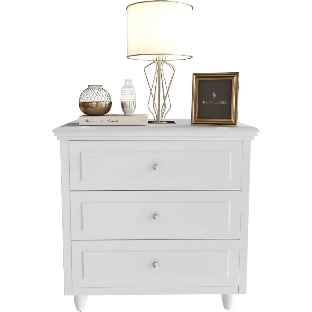 3 Drawers Nightstand, with Wood Legs,Modern White Drawers Dresser Bedside Nightstand,Ideal for Bedroom,Living Room