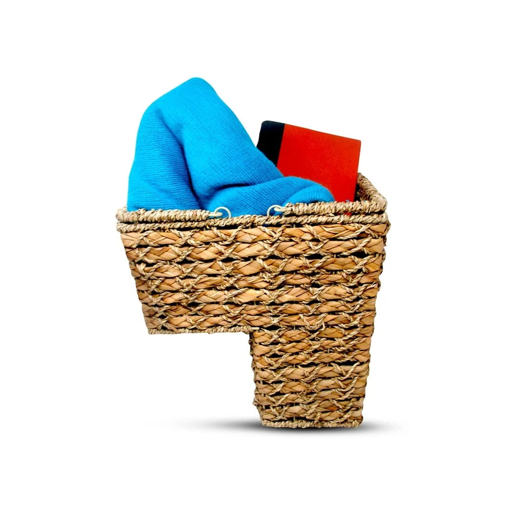 Braided Rope Storage Basket Stairs Seagrass Hyacinth with Handles Organizing Solution Reduces Clutter Fits Standard Width Stairs